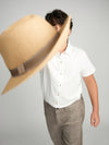 Tan Buttons Short Sleeve Dress Shirt with Paisley Contrast