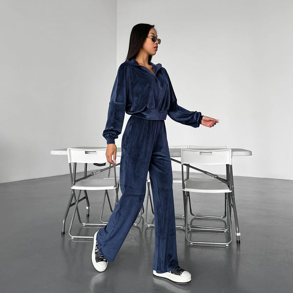 Navy Blue Knit Casual Jacket & Pants