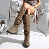 Retro Western Leopard Denim Long Tube Boots