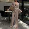 Casual Ruffled V Neck Lace Up Top & Loose Wide Leg Pants