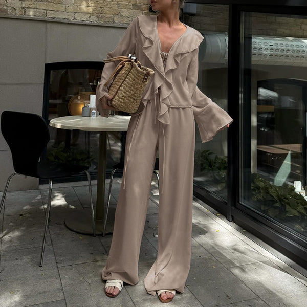 Casual Ruffled V Neck Lace Up Top & Loose Wide Leg Pants