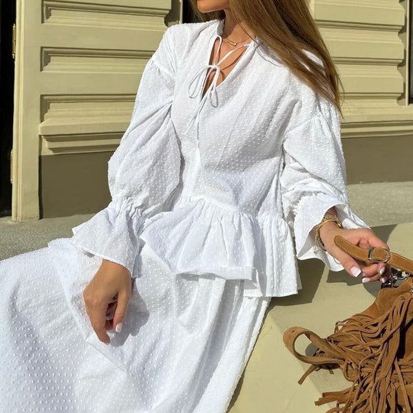 Ruffled Loose Bell Sleeve White Dress
