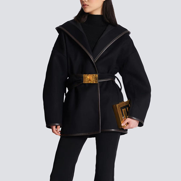 Star Collection Hooded Belted Batwing Sleeve Wool Coat