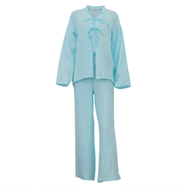 Cotton Champray & Lace up Cardigan Top Loose & Pants