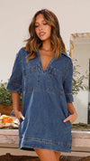 Collared Short Sleeve Loose Denim Dress