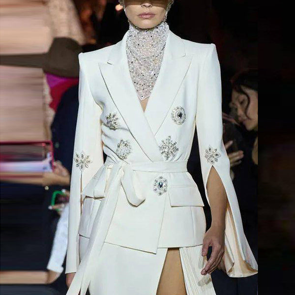 Starry Snowflakes Beaded Diamond Belted Blazer