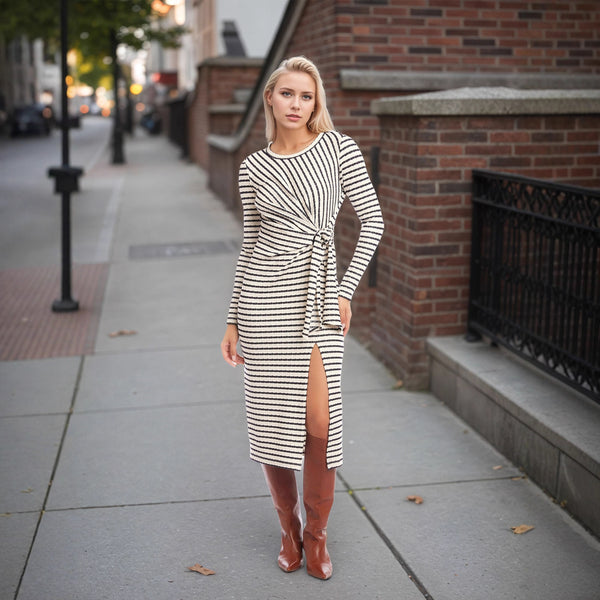 Striped Waist Twist Slim Fit Dress