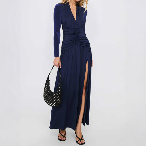 Elegant Deep V Plunge Long Sleeve Dress