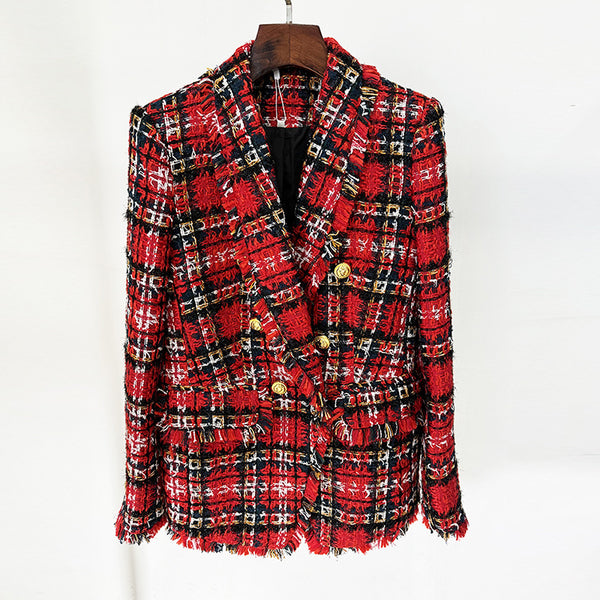 Tassel Plaid Tweed Mid Length Jacket Coat