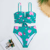 Turquoise Pink Flower Split Three Piece Bikini Swimsuit with Chiffon Dress