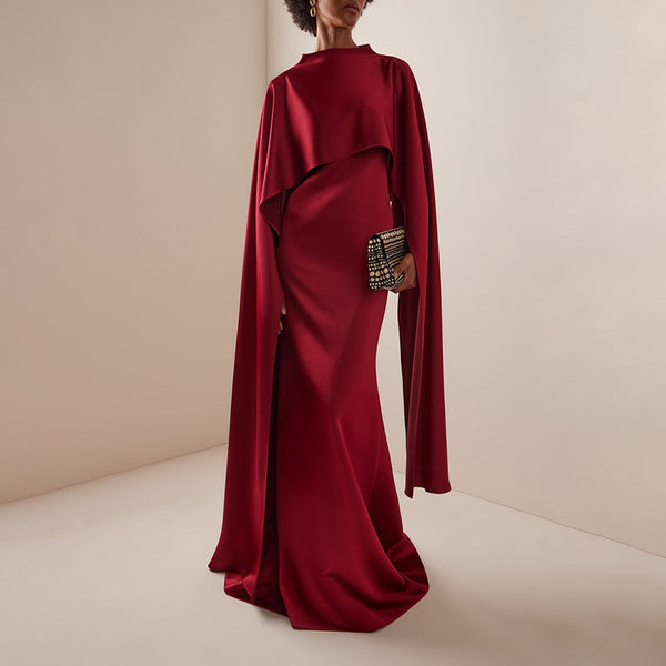 Elegant Shawl Solid Color Wide Hem Dress