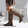 Retro Western Leopard Denim Long Tube Boots