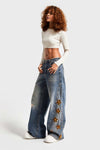 Loose Denim Suede Flower Jeans