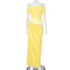 Canary Yellow Off Neck Mesh Stitch Pleated Dress