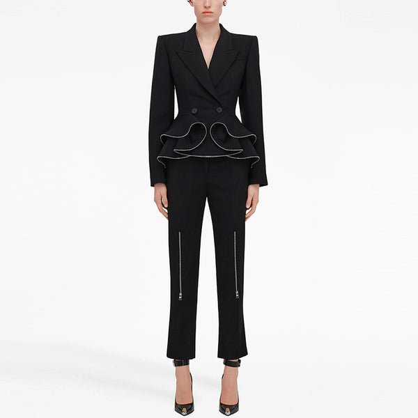 Zipper Ruffled Blazer & Skinny Pants