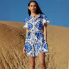 Cream & Blue Floral Belted Dress