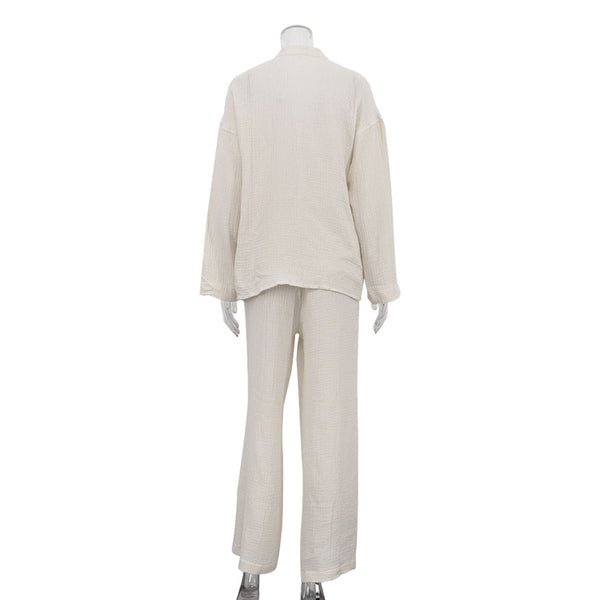 Cotton Champray & Lace up Cardigan Top Loose & Pants