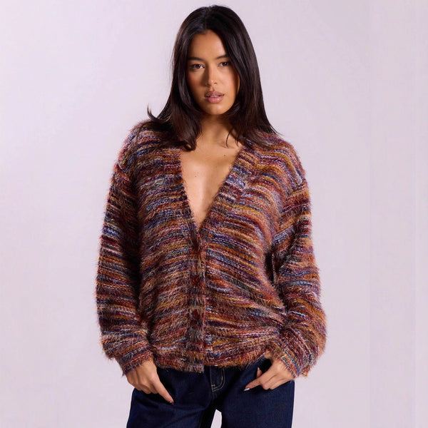 Retro Deep V Plunge Maillard Plush Cardigan