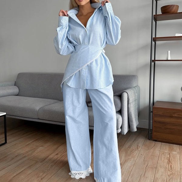 Lace Striped Long Sleeve Shirt & Pants
