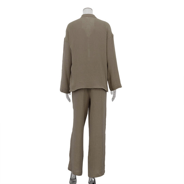 Cotton Champray & Lace up Cardigan Top Loose & Pants