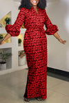 Red Tropical Leaf Belted Dress