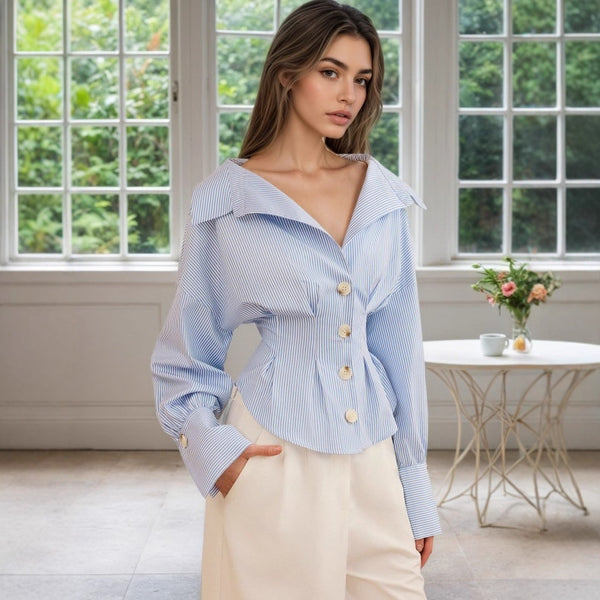 Collared Puff Sleeve Pleated Striped Top