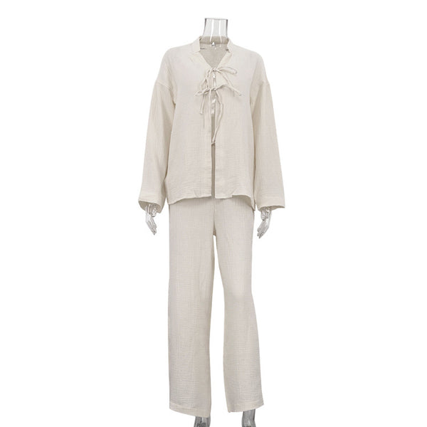Cotton Champray & Lace up Cardigan Top Loose & Pants