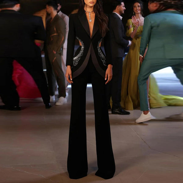 Hollow Out Rhinestone Blazer & Pants