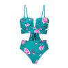 Turquoise Pink Flower Split Three Piece Bikini Swimsuit with Chiffon Dress