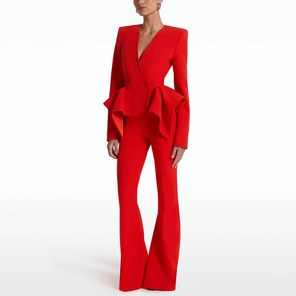 Red Lotus Leaf Swing Slim Top Jacket & Bootcut Pants