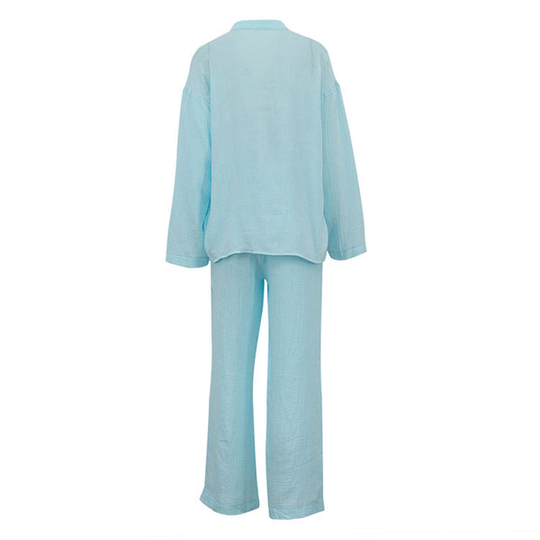 Cotton Champray & Lace up Cardigan Top Loose & Pants