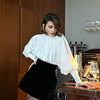 White Casual Loose Puff Sleeve Pleated Shirt