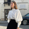 White Casual Loose Puff Sleeve Pleated Shirt