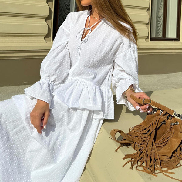 Ruffled Loose Bell Sleeve White Dress