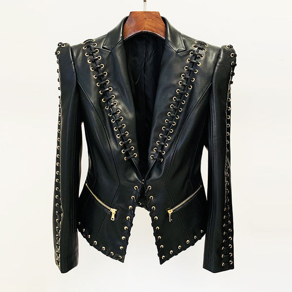 Eyelet Rope Slim Fit Leather Blazer Jacket