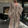Casual Ruffled V Neck Lace Up Top & Loose Wide Leg Pants