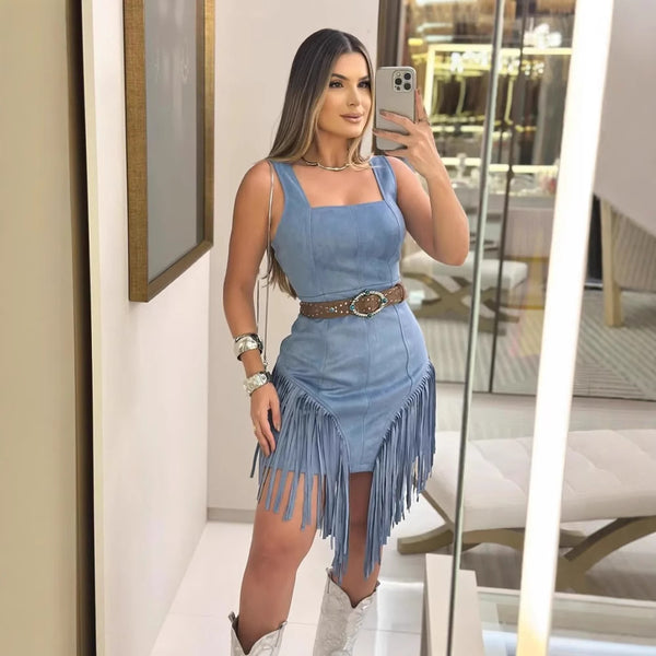Square Collar Sling Tassel Dress