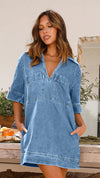 Collared Short Sleeve Loose Denim Dress