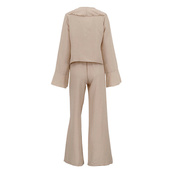 Casual Ruffled V Neck Lace Up Top & Loose Wide Leg Pants