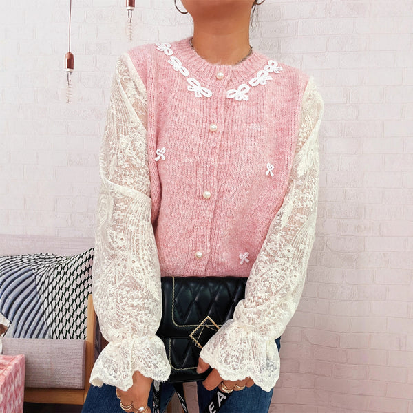 Lace Sleeved Stitched Bow Knitted Sweater Cardigan