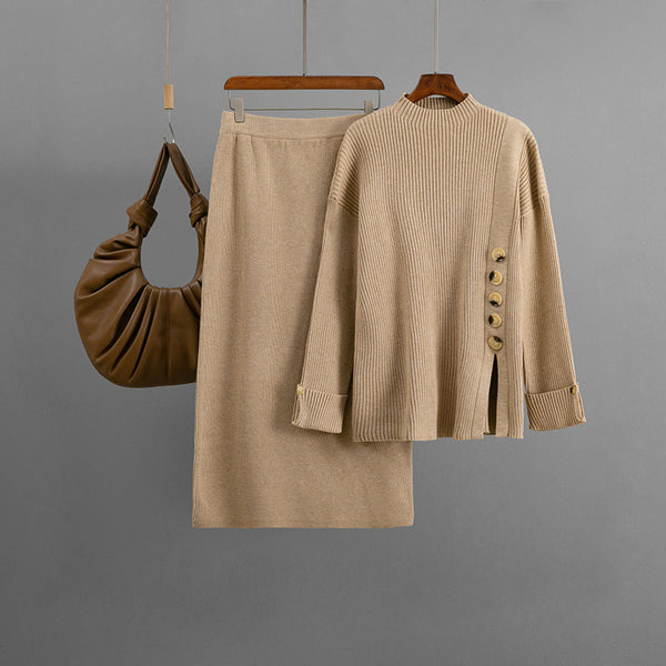 Side Slit Tortoise Button Sweater & Skirt