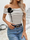 Striped Off Shoulder 3D Flower Top