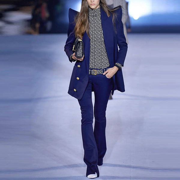 Lion Buckle Double Breasted Mid Length Blazer Suit Set