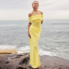 Canary Yellow Off Neck Mesh Stitch Pleated Dress