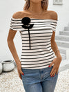 Striped Off Shoulder 3D Flower Top