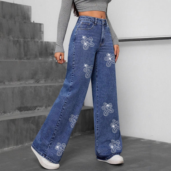 Floral Rhinestone Loose Straight Leg Denim Jeans