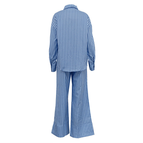 Blue Striped Long Sleeve Cardigan Casual Set