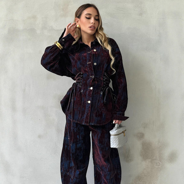 Flocking Contrast Color Lace Up Denim Coat & Pants