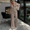 Casual Ruffled V Neck Lace Up Top & Loose Wide Leg Pants