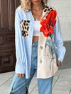 Autumn Casual Vacation Personality Trendy Printed Striped Stitching Shirt Women